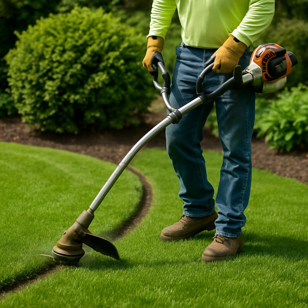 The image showcases a person engaged in outdoor mowing, wearing crop-topped jeans, dark brown work boots, a long-sleeved l...
